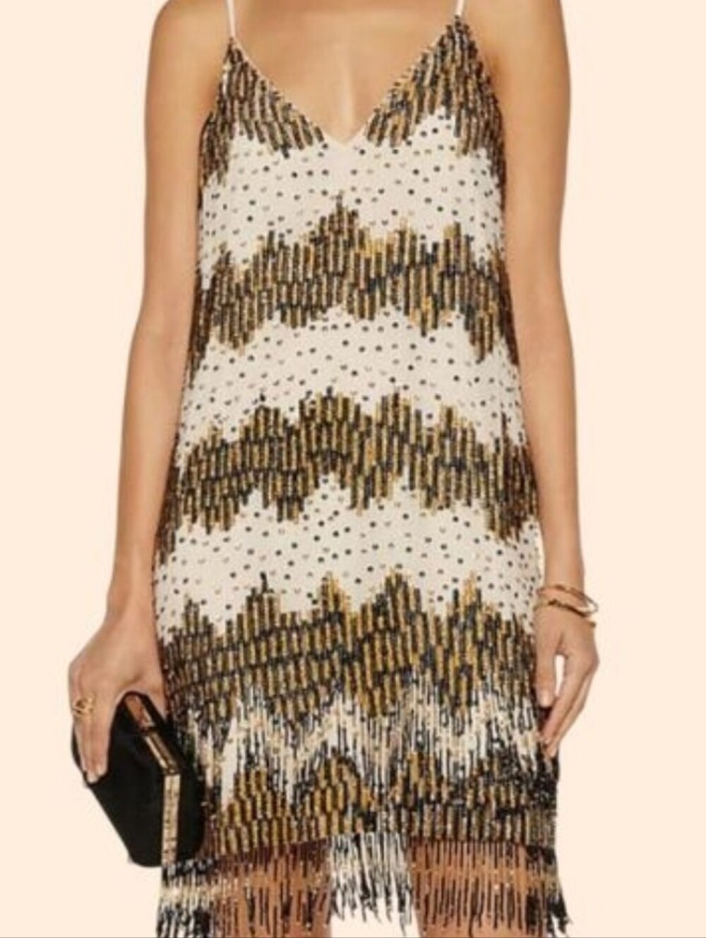Alice + Olivia Cream Slip Dress with Gold Beaded Fringe